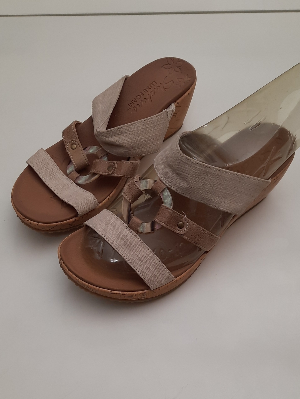 Skechers Beige Linen-Look Wedge Sandals with Decorative Ring - Size 10